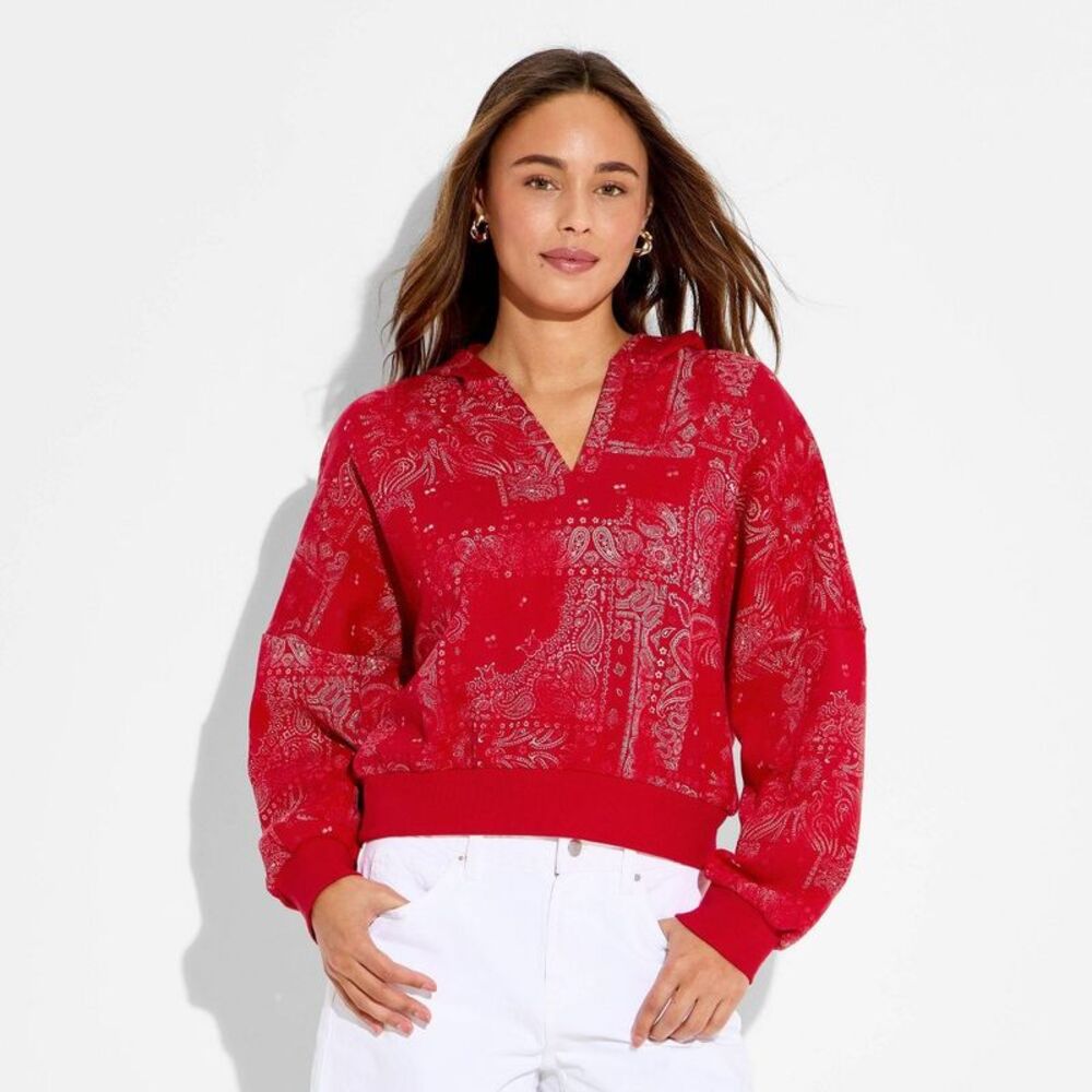 NWTwild fable Red Bandana Print V-Neck Hoodie Sweatshirt - Picture 2 of 3